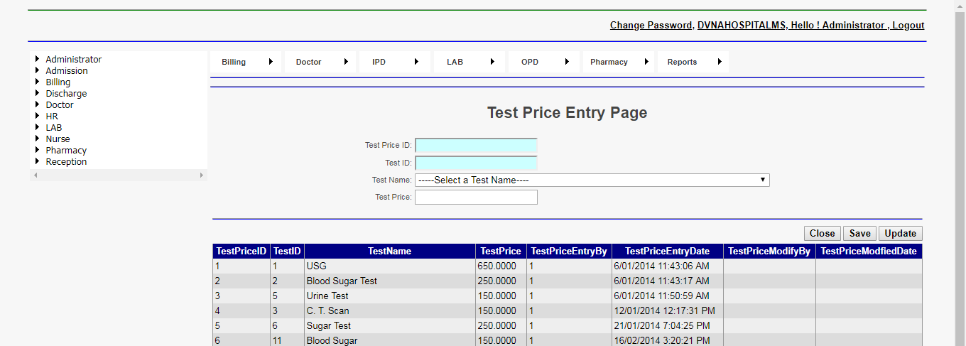 DVNA Hospital Management Software Test Price Entry Page